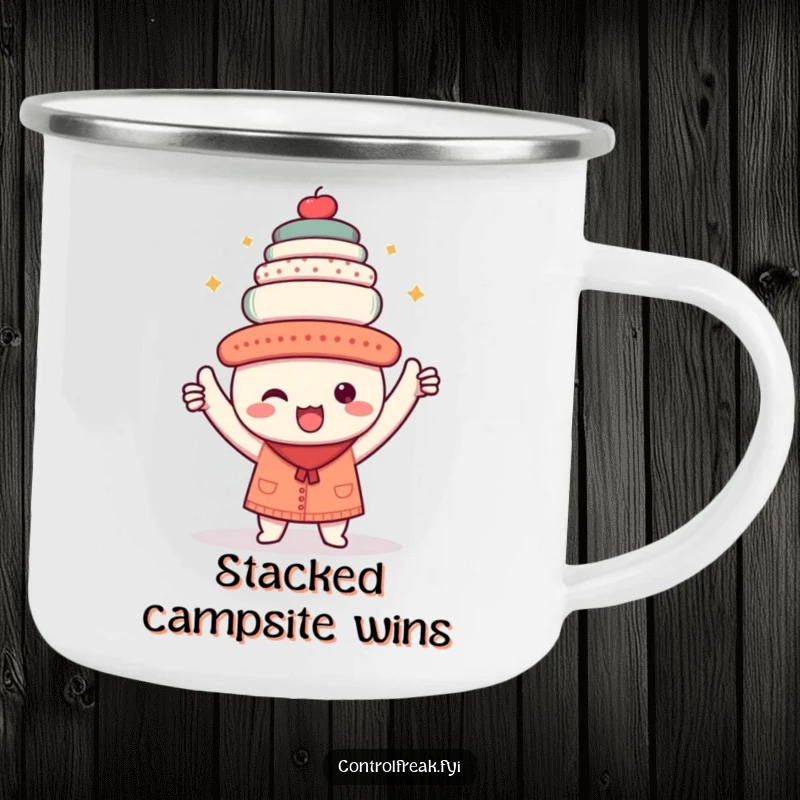 Funny camping mug with a kawaii character triumphantly holding a perfectly aligned stack of objects, ideal for neat outdoor sips.