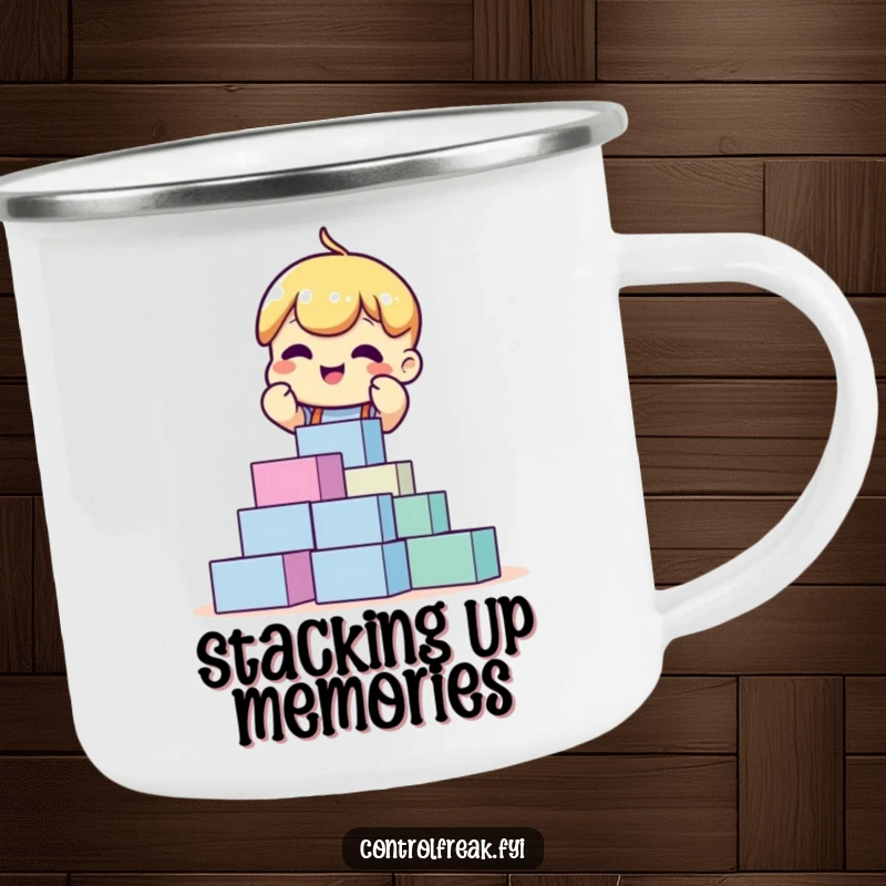 Funny camping mug with an excited character perfectly stacking blocks, designed for outdoor enthusiasts who appreciate neatness.