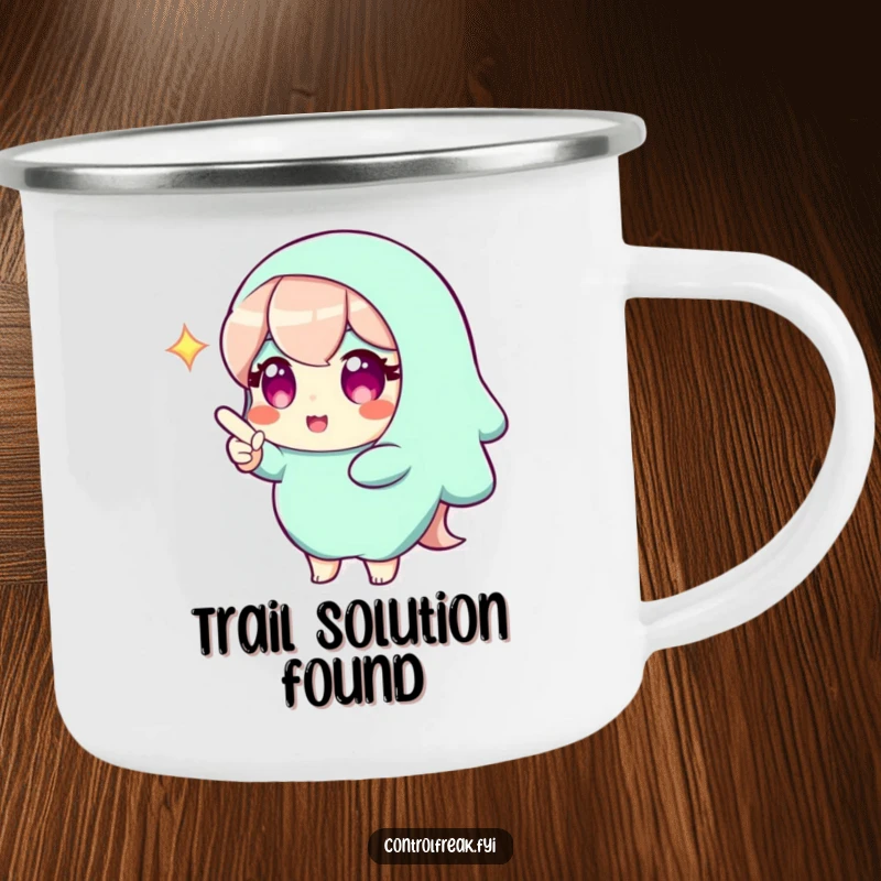 Funny camping mug showing a character with a bright gleam, pointing to a perfect solution, perfect for outdoor enjoyment and finding answers. A humorous mug.