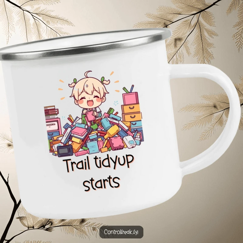 Funny Camping Mug: Character enthusiastically organizing scattered camping gear, a humorous and durable mug for outdoor fun.