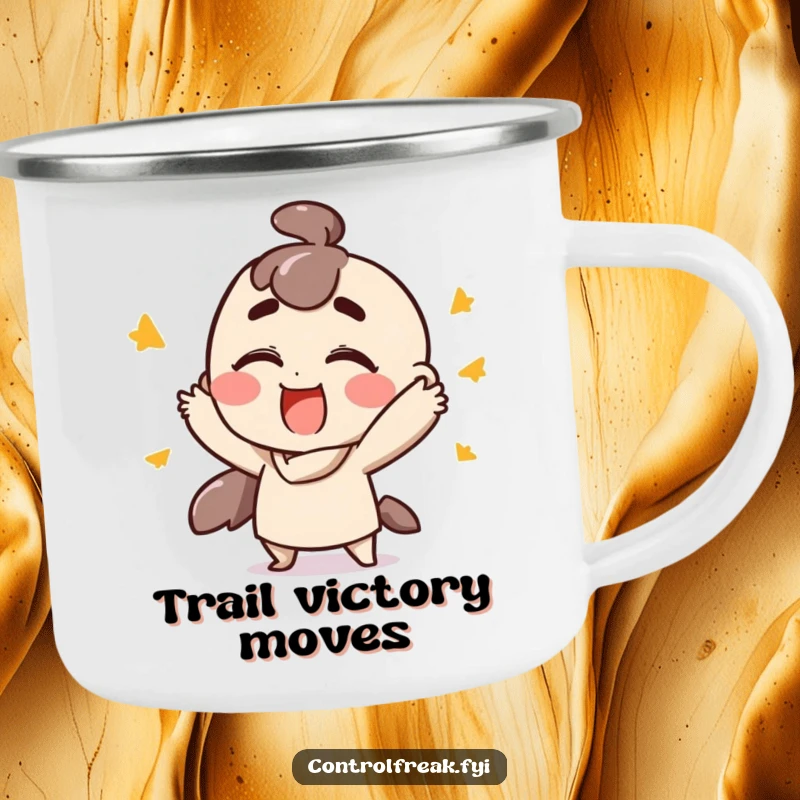 Funny enamel camping mug with a character performing fast, ordered gestures with extreme satisfaction, celebrating outdoor wins, a humorous gift.