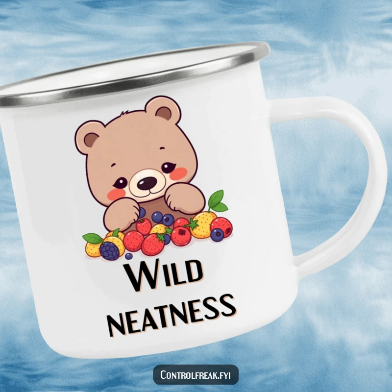 Funny bear camping mug with a focused bear arranging berries into a precise geometric pattern, ideal for organized outdoors.