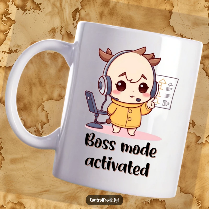 Funny mug with a character in a large headset, pointing decisively at a complex flowchart, embodying focus and strategic planning.