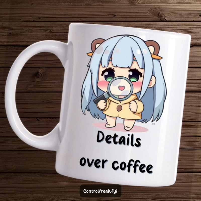 Funny Mug: Character intently examining a tiny detail with a magnifying glass, showcasing a humorous investigative spirit.