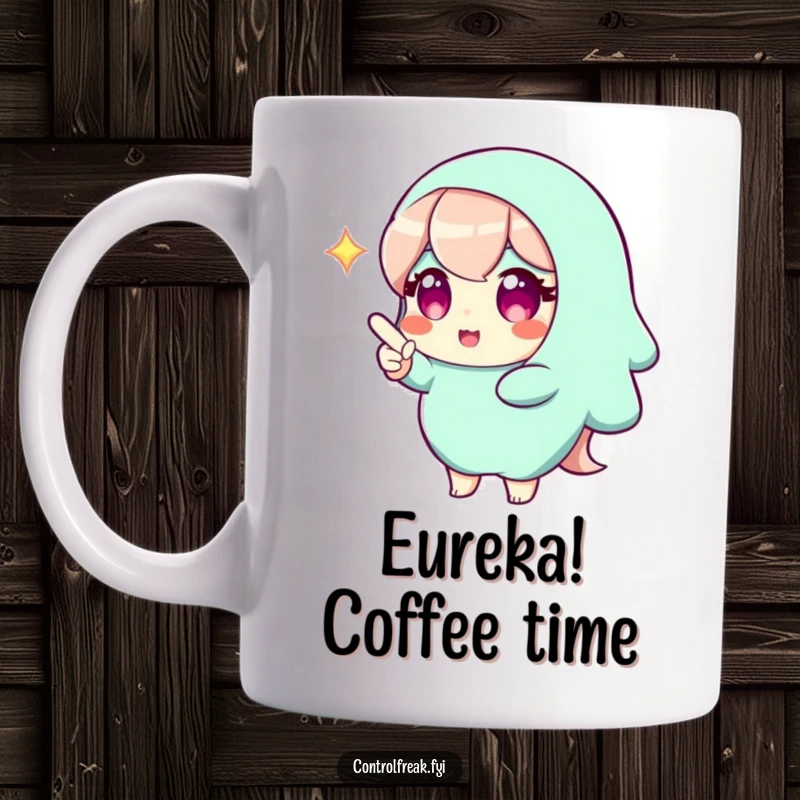 Funny mug showing a character with a bright gleam in their eye, pointing confidently to an unseen, perfect solution. A symbol of intelligence and wit.