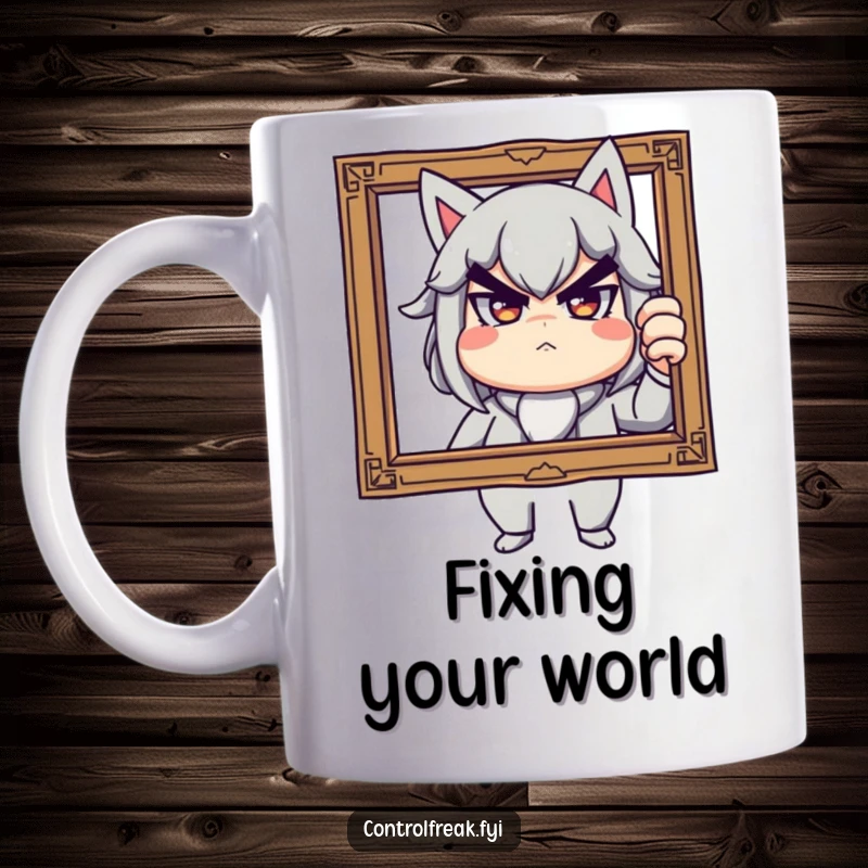 Funny mug featuring a character with a stern but playful look, meticulously adjusting a slightly tilted picture frame, a humorous home decorator's gift.