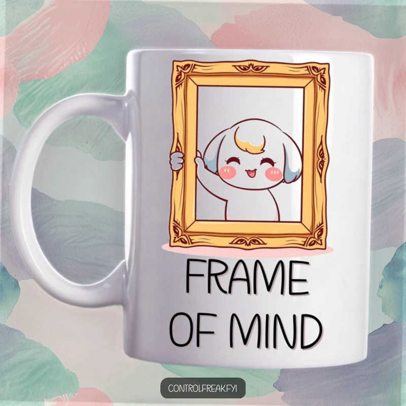 Funny kawaii character mug, smiling while meticulously straightening a crooked picture frame, celebrating order and attention to detail.