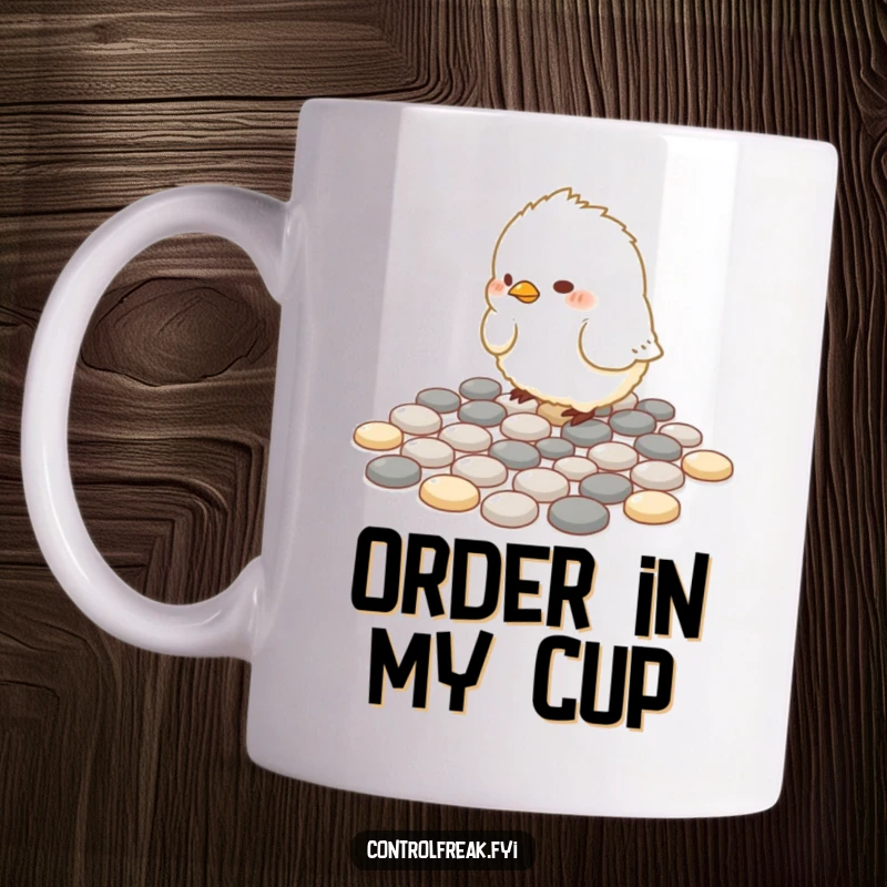 Funny Coffee Mug: A small, fluffy bird meticulously arranges pebbles into perfect geometric patterns.