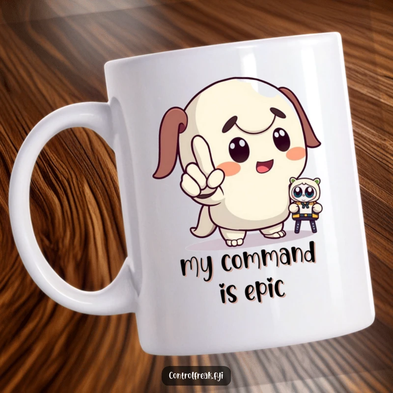 Funny mug featuring a cartoon character dramatically pointing a finger, commanding a tiny toy with exaggerated authority and a sense of playful control.