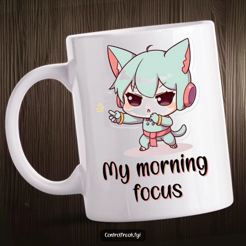 Funny mug featuring a character with intense concentration, performing a tiny, precise movement with exaggerated focus, making it a humorous gift.