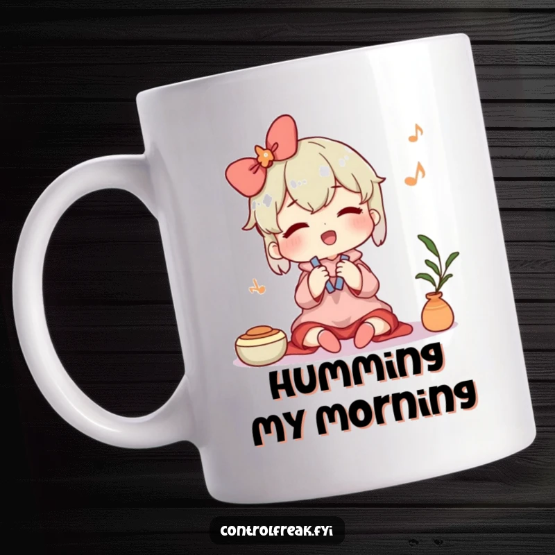Funny mug showing a character humming contentedly while cheerfully tidying up a space. Symbolizes peace, order, and simple joy in domestic tasks.