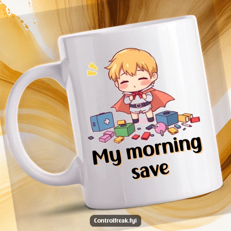 Funny character in a tiny cape comically struggling to organize scattered items with exaggerated, heroic effort.