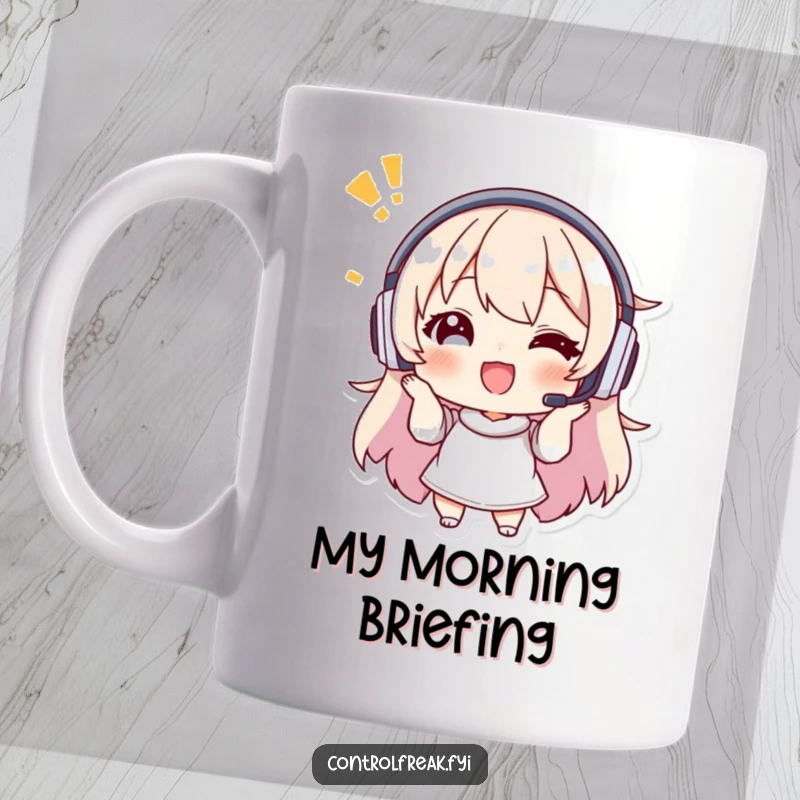 Funny mug featuring a character with a headset giving enthusiastic, precise instructions, perfect for helpful and organized people.