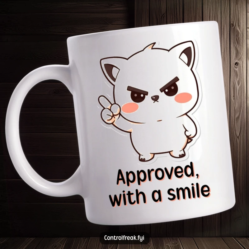Funny mug with a kawaii character offering a stern but friendly nod, conveying acceptance and a hint of playful authority.