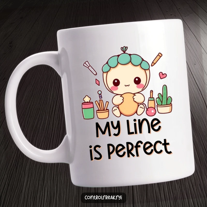 Funny mug featuring a kawaii character meticulously arranging items in a perfectly straight, neat line with a focused expression.
