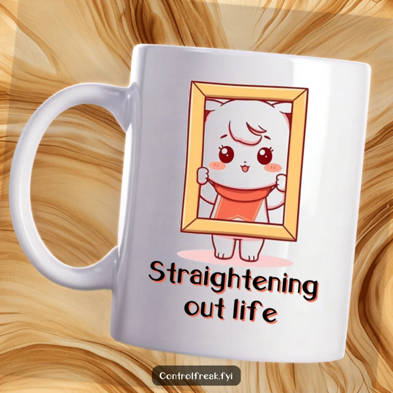 Funny Kawaii character playfully adjusting a slightly crooked picture frame to make it perfectly straight.