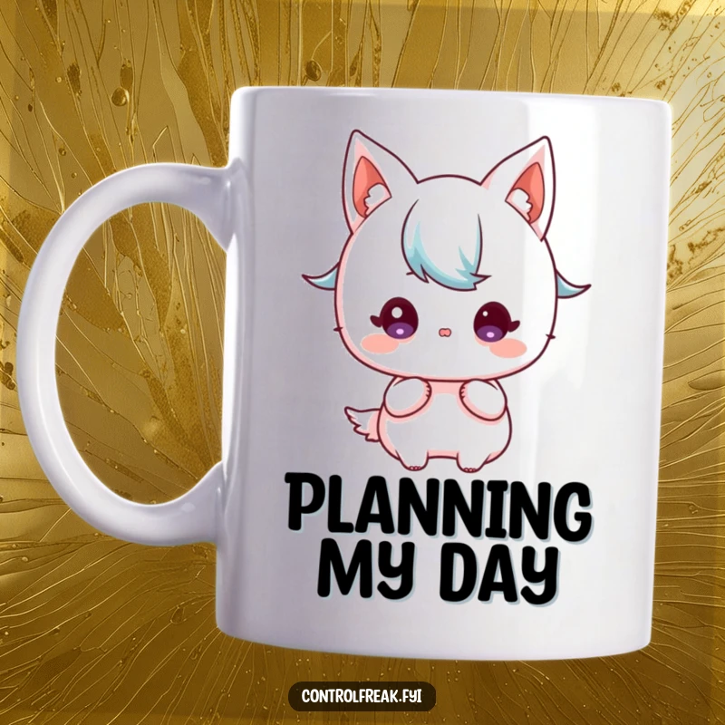 Funny Kawaii character focused, planning with a detailed blueprint, mastermind at work.