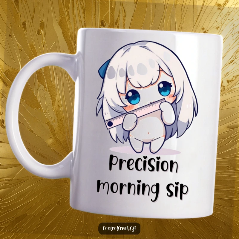 Funny mug with a character carefully measuring an edge using a tiny ruler, highlighting a precise and humorous personality.