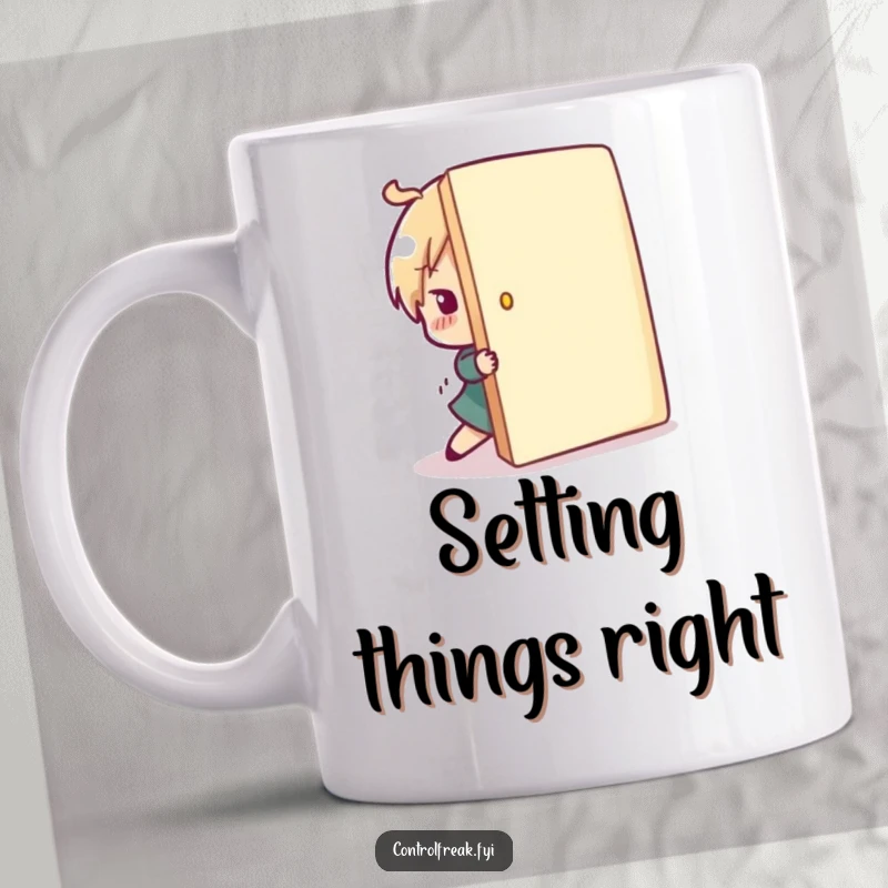 Funny mug with a character playfully pushing a misplaced item back into line, embodying a cheerful and orderly personality.