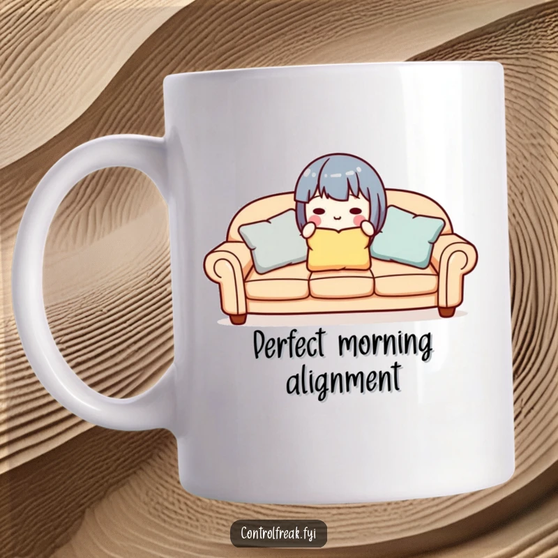 Funny cute character meticulously aligning sofa pillows, printed on a mug for organization lovers.