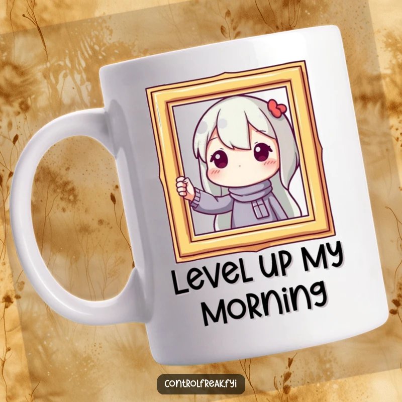 Funny mug showing a character precisely straightening a crooked picture frame, celebrating attention to detail, great gift.