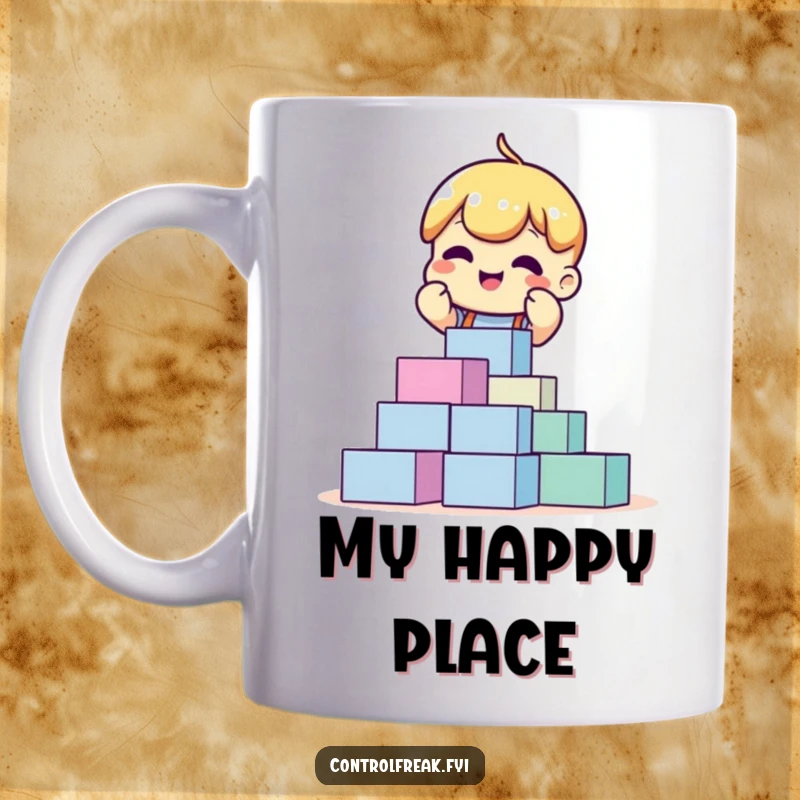 Funny mug with an excited character meticulously arranging perfectly stacked blocks, showcasing a passion for order and organization.