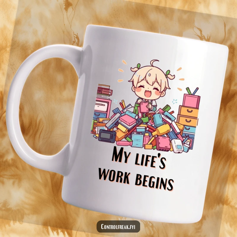 Funny Mug: Enthusiastic character dives into a comically chaotic pile of items, showcasing a humorous approach to organization.