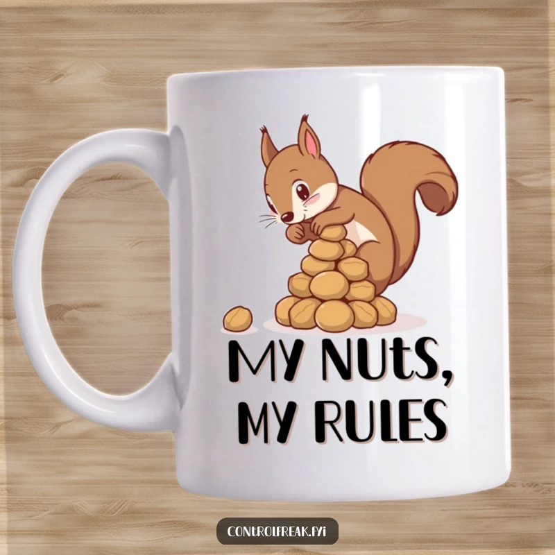 Funny squirrel mug meticulously stacking nuts into a perfect pyramid, showing extreme focus and quirky determination.