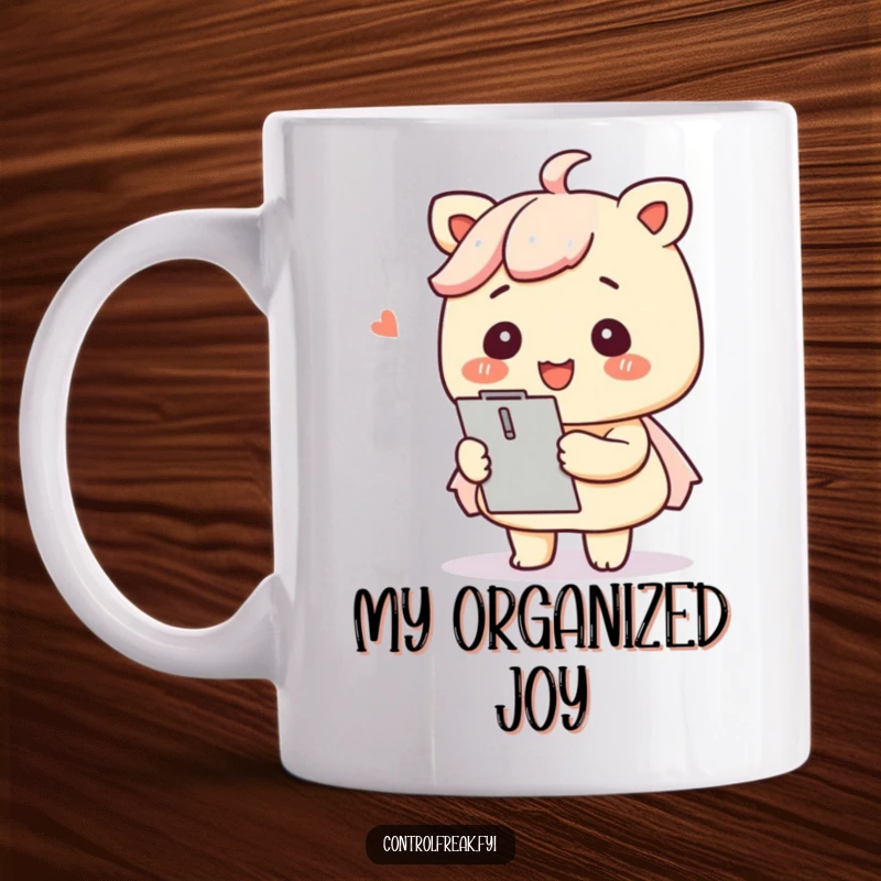 Funny Kawaii organizer character with a clipboard smiling while perfectly arranging items, showcasing order.