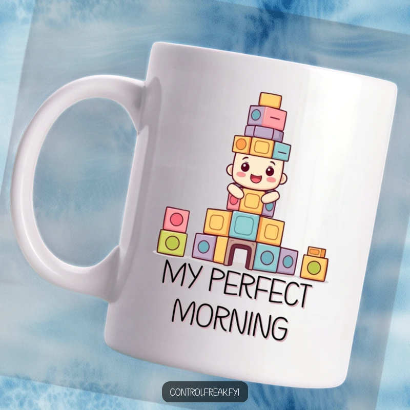 Funny mug featuring a happy character building a perfectly symmetrical tower of blocks, ideal for organized and cheerful individuals.