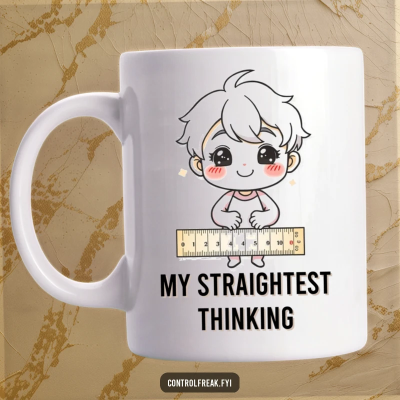 Funny Mug: Character proudly drawing straight lines with a ruler, showcasing a humorous and meticulous personality.