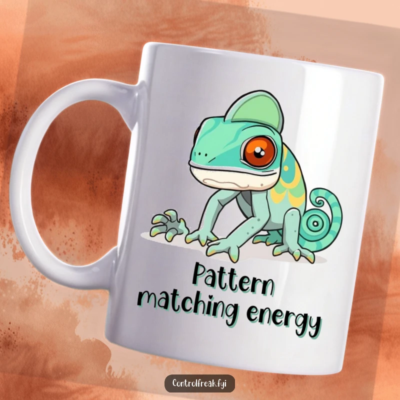 Funny chameleon mug, a chameleon trying and failing to match its colors to a specific pattern, looking confused.