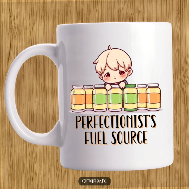 Funny Mug: Character playfully adjusting a perfectly straight line of objects, adding a touch of humorous disruption.