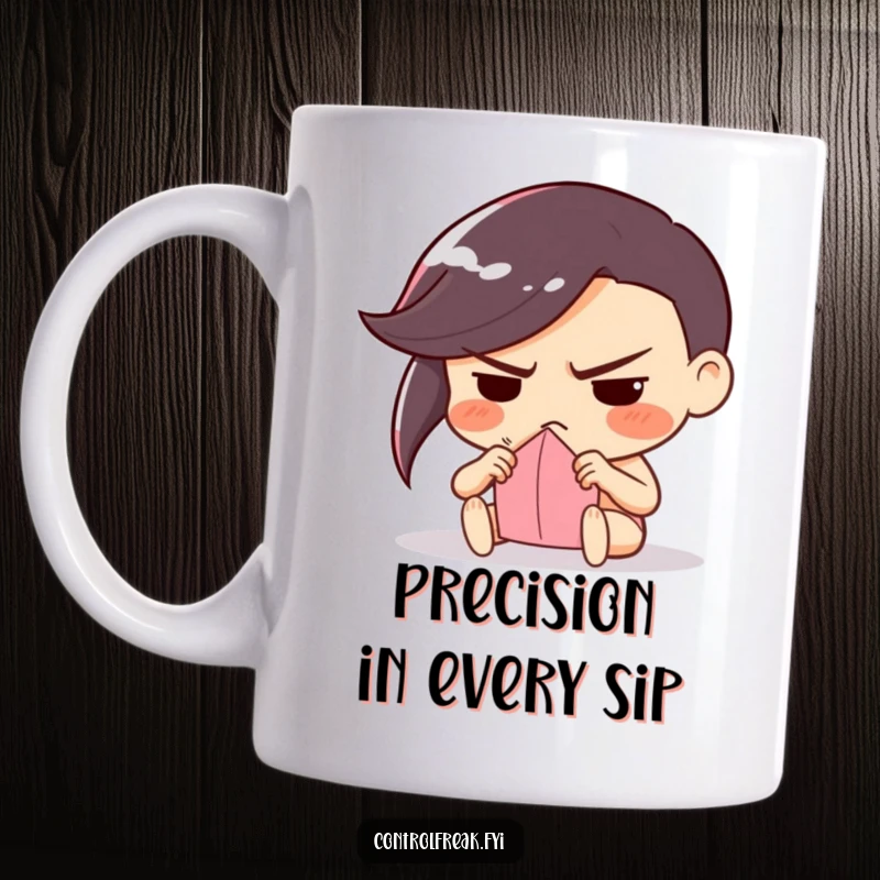 Funny mug with a determinedly frowning character meticulously folding a single piece of paper, embodying intense focus and craft.