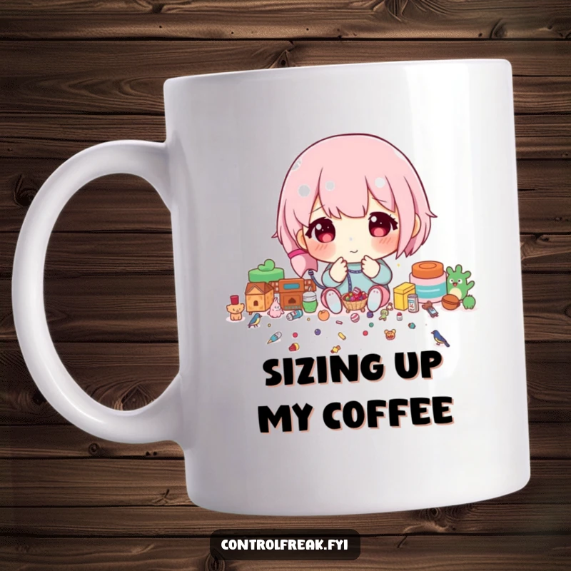 Funny Mug showing a character meticulously sorting very small items based on their exact size, highlighting extreme attention to detail.