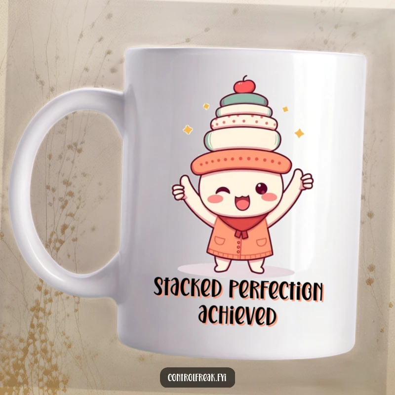 Funny kawaii character mug, triumphantly holding a perfectly aligned stack of objects, celebrating order and accomplishment.