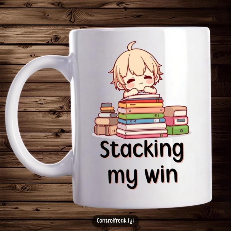 Funny mug featuring a character gleefully adjusting a perfectly stacked pile, embodying organizational joy, a great gift.