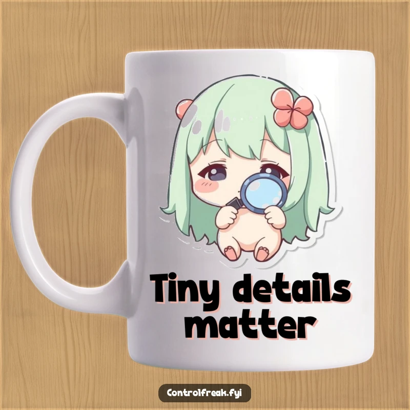 Funny Kawaii character with a magnifying glass, intensely inspecting a minuscule detail with curiosity.