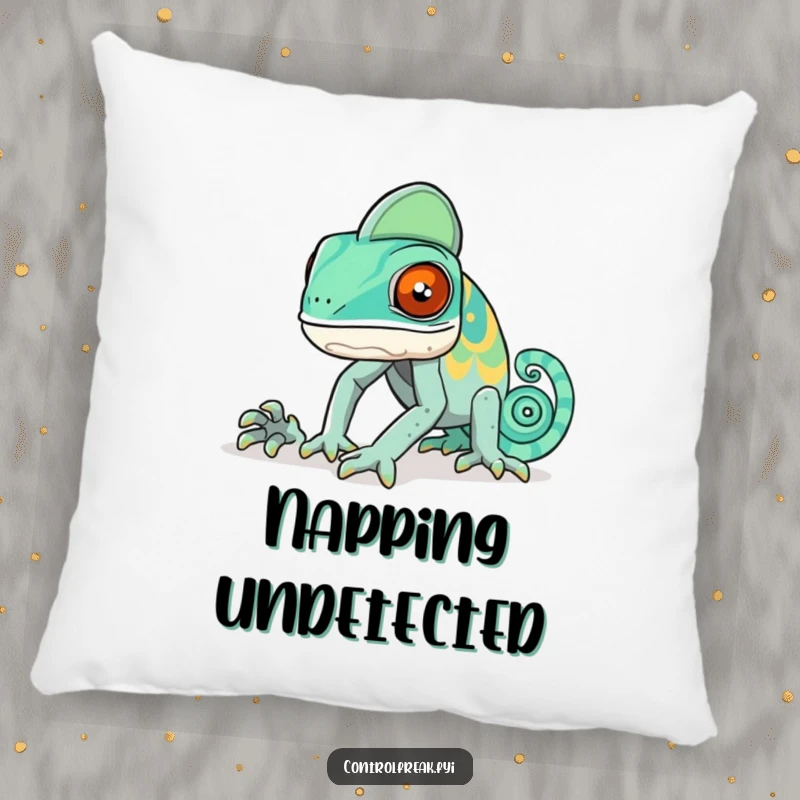 Funny chameleon pillow depicting a chameleon comically failing to match its skin tone to a specific, intricate pattern.
