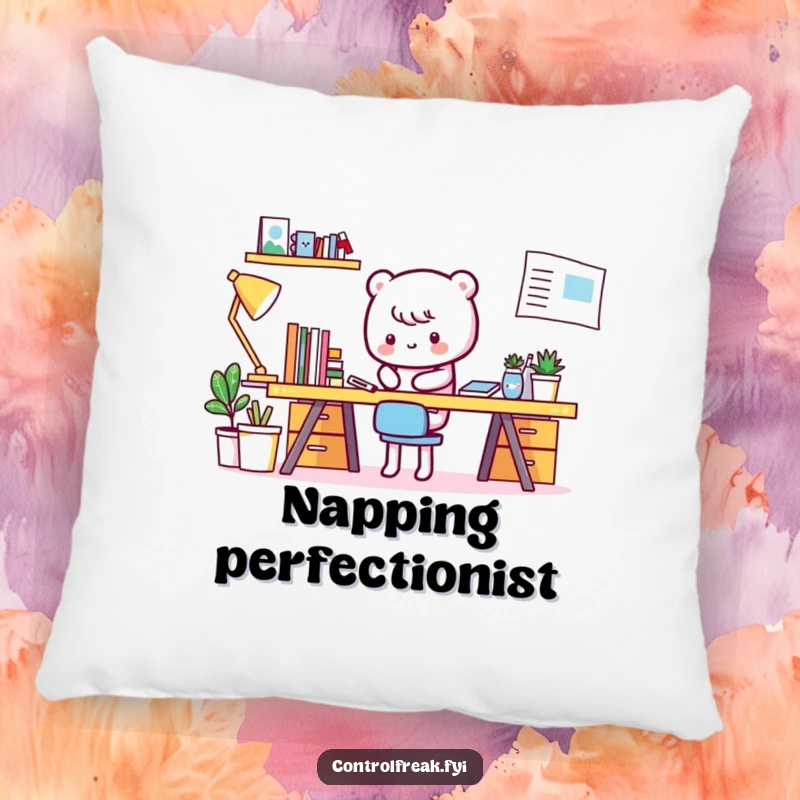 Funny Kawaii character pillow, tidying a perfectly neat desk, offering comfort and humorous decor.