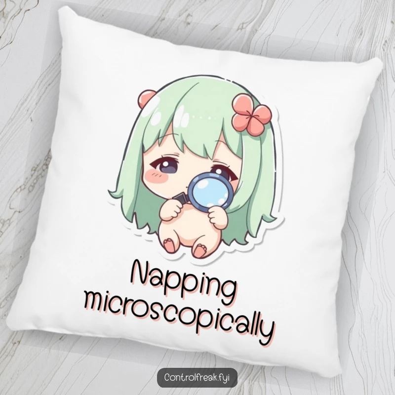 Funny Kawaii character pillow, holding a magnifying glass to examine a tiny detail, offering comfort and humor.