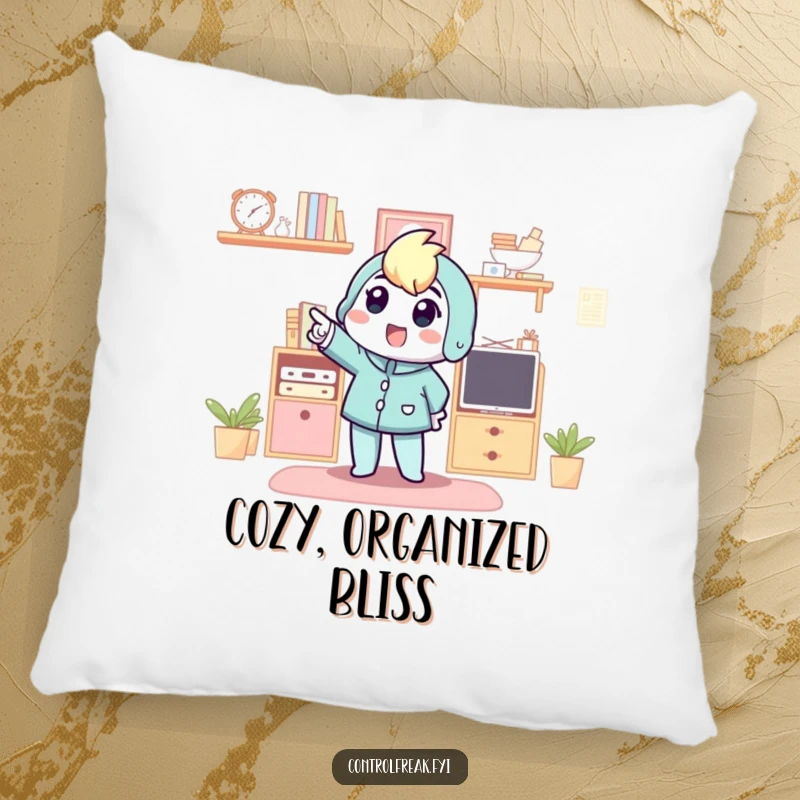 Funny pillow with a character pointing excitedly at an organized space, bringing enthusiastic humor and comfort.