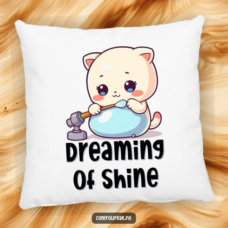 Funny Kawaii polisher pillow cozy and soft, meticulously polishing a shiny object for ultimate comfort.