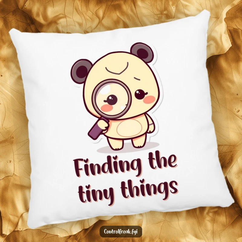 Funny Pillow with a tiny character pointing a magnifying glass at a dot, offering comfort and a humorous emphasis on detail.