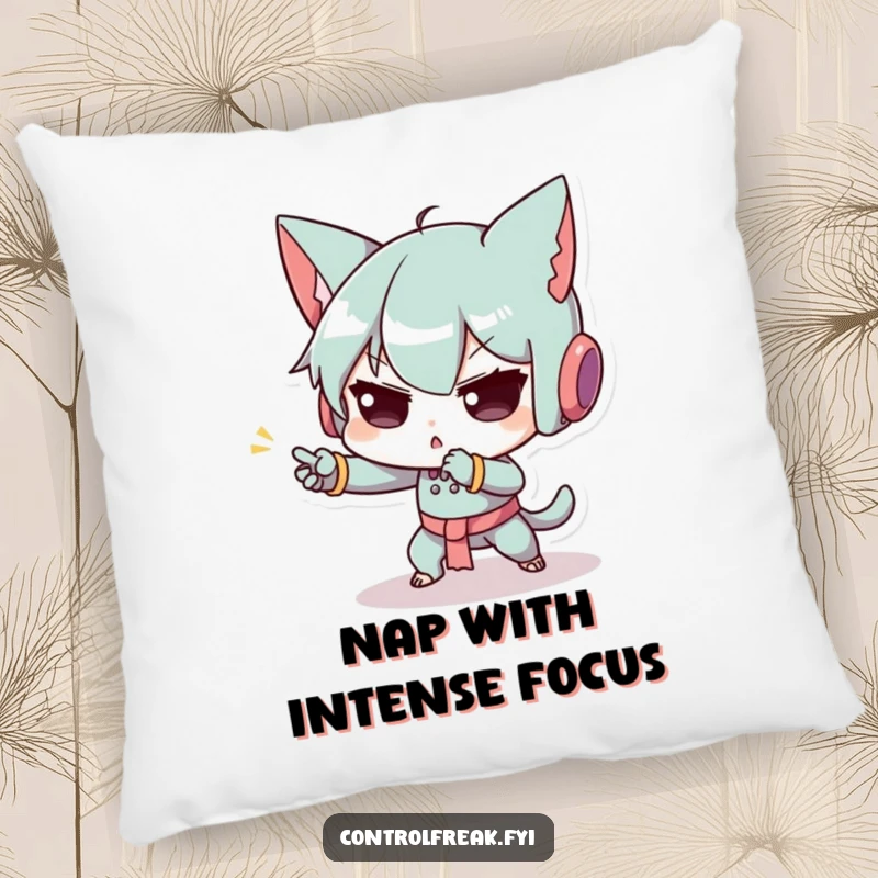 Funny pillow with a character demonstrating exaggerated concentration on a tiny, precise movement, offering humorous comfort and decor, a delightful gift.