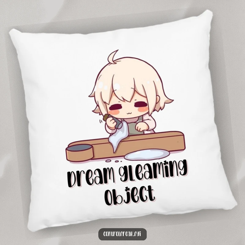 Funny pillow featuring a character meticulously polishing an object to an impossible shine, offering humorous comfort and a focus on gleam, a delightful gift.