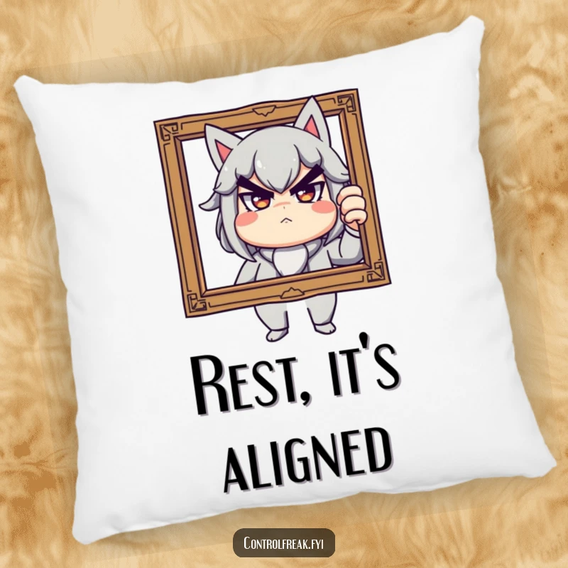 Funny pillow featuring a stern yet playful character adjusting a slightly tilted picture frame, offering humorous comfort and quirky decor, a delightful gift.