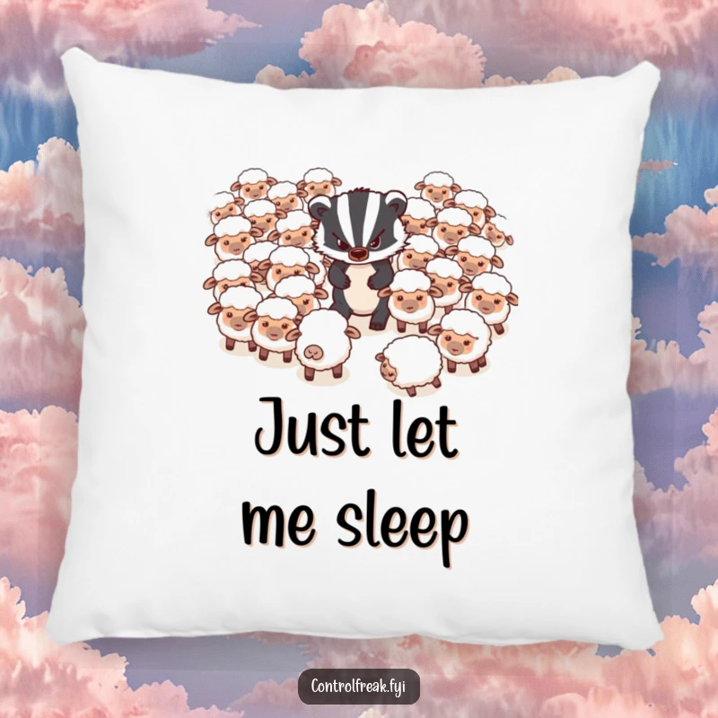 Funny Pillow: A grumpy badger is hilariously trying to herd a flock of very disorganized, scattered sheep.