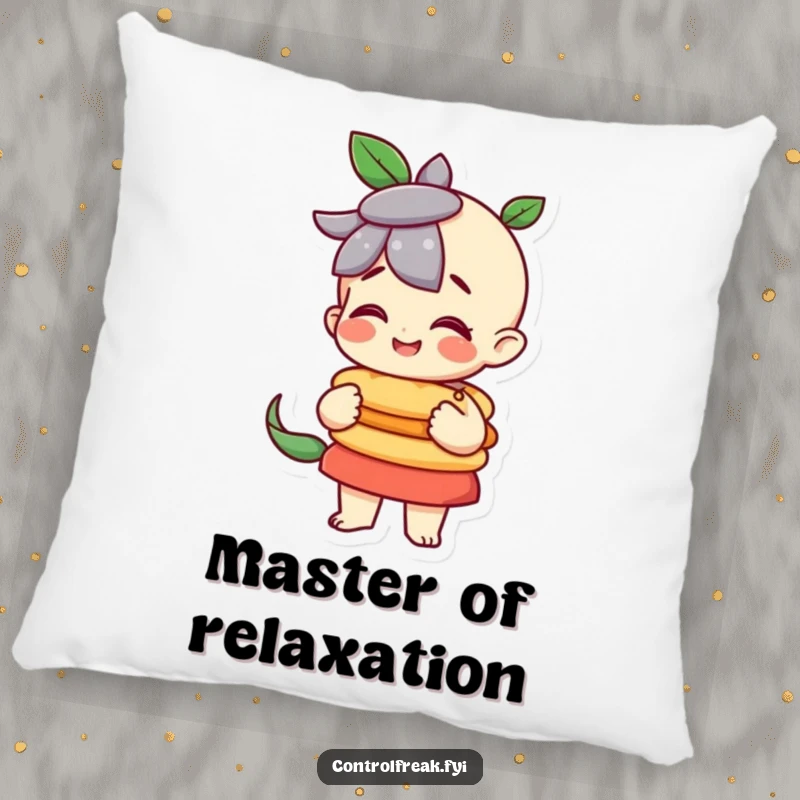 Funny character pleased with a perfectly balanced stack on this pillow, ideal for cozy order appreciation.
