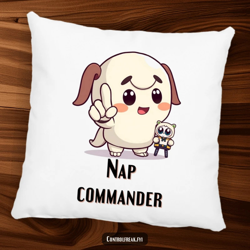 Funny pillow featuring a cartoon character dramatically pointing and commanding a tiny toy, offering comfort with a side of humorous authority.